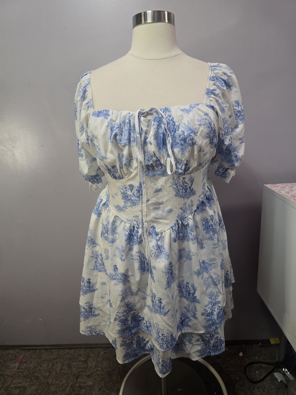 Shein White and Blue Toile Puff Sleeve Dress Size 2x